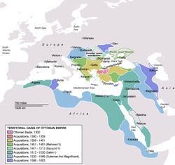 Osmanlıların toprak kazanımları *   Osmanlı Beyliği *   1300-1359 yılları arasındaki ilk genişleme. *   1359-1451 yılları arasındaki genişleme. *   1451-1481 yılları arasındaki genişleme. *   1512-1520 yılları arasındaki genişleme. *   1520-1566 yılları arasındaki genişleme. *   1566-1683 yılları arasındaki son genişleme.