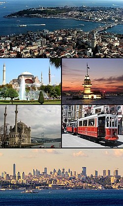 Yukarıdan aşağıya saat yönünde: 1) Tarihî yarımada 2) Kız Kulesi 3) İstiklal Caddesi'nde bir tramvay 4) Levent iş merkezleri 5) Ortaköy Camii ve 15 Temmuz Şehitler Köprüsü 6) Ayasofya